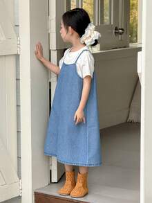 DAZY Young Girl' Spaghetti Strap Korean Style Flared Denim Dress - Blue - View 6