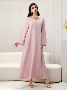 Yasmyna Bata larga y holgada con cuello en V bordado, estilo árabe de Oriente Medio, color rosa claro - Rosa - Ver 6