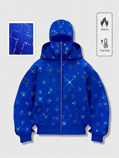 Street Life Sudadera con capucha con bolsillos y adornos de strass con cierre de cremallera, sudadera con capucha de moda para hombres