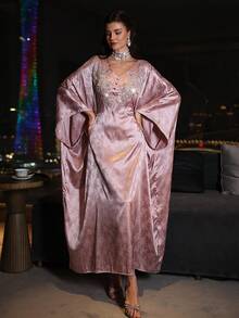 SHEIN Najma V-Neck Pearl Embellished Flared Sleeve Ribbon Waist Tie Turkish & Arabic Traditional Maxi Dress For Women