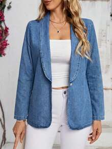 EMERY ROSE 女士时尚休闲单扣牛仔外套 - 藍色 - 查看 3