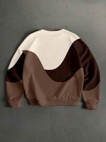Manfinity Roghcode Áo sweatshirt cổ tròn dáng rộng, in họa tiết sóng phối màu Merrald, thích hợp cho các buổi hẹn hò và tụ họp, cũng là món quà tuyệt vời dành cho bạn trai. - màu nâu - Xem 2