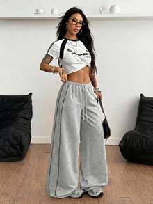 Coolane Women's Spring/Summer Streetwear Daily Wear Homecoming Sport Casual Logo Pattern Low Rise Baggy Sweatpants - Grey - View 4