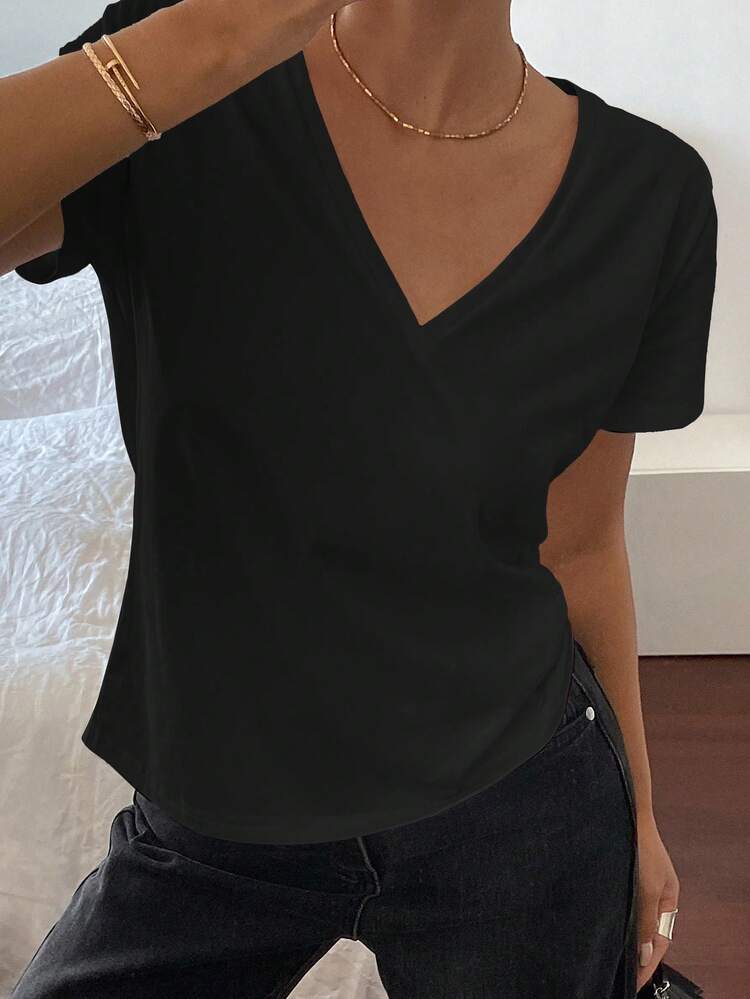 Women's Deep V-Neck Solid Color Casual Loose Short Sleeve T-Shirt