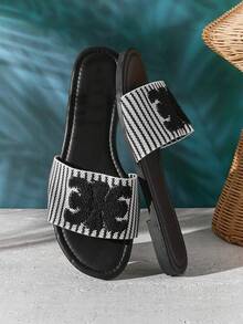 SHUZIA Women's Elegant Embroidery Upper Slip-On Flat Sandals - Black - View 1