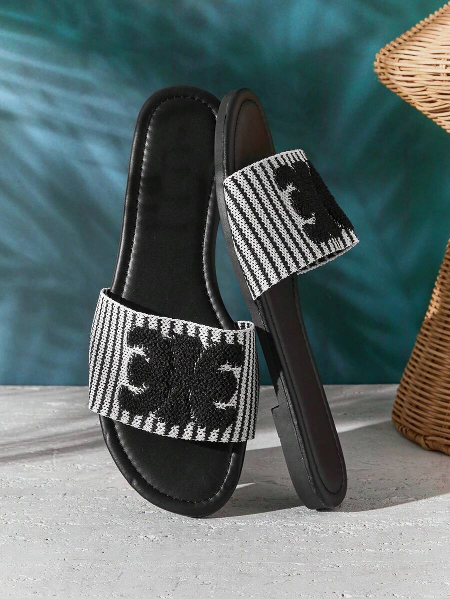 SHUZIA Women's Elegant Embroidery Upper Slip-On Flat Sandals - Black - View 1