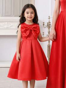 Glamorique Kids 少女蝴蝶结缎面连衣裙，适合度假、派对、户外活动穿着 - 紅色 - 查看 4