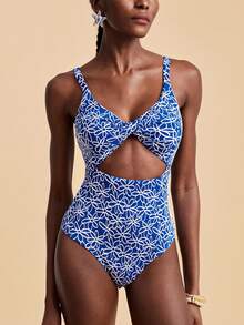 Travachic 女士印花扭结镂空连体泳衣，度假沙滩装 - 彩色 - 查看 5