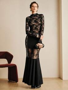 Revavyn 女士针织美人鱼半身裙，撞色蕾丝设计，优雅约会之夜黑色半身裙 - 黑色 - 查看 3