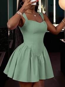 Slaydiva 夏季新款优雅甜心领无袖露背A字公主裙，粉色女士短裙 - 薄荷綠 - 查看 3