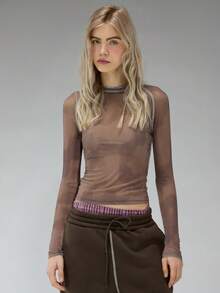 COUREZ 长袖印花迷彩网眼上衣 / Y2K 长袖上衣 外出上衣 女式上衣 冬季女装 BrownTop 印花T恤 女士性感可爱上衣 夏季上衣 夏季穿搭 - 咖啡棕 - 查看 9