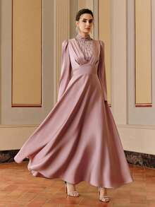 Anewsta Novo Vestido Elegante Feminino com Decoração de Pérolas Plissadas Rosa Lótus em Linha A, Chique, Casamento, Festa, Visual de Ano Novo, Luxo, Vestido de Festa, Rosa, Dia dos Namorados, Primavera - Rosa chiclete - Visão 4