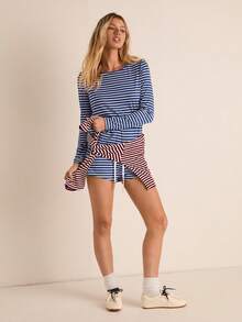 Easelle Women's Blue And White Stripe 2 Pieces Lounge Sets,Autumn Casual Loungewear Vintage Bohemian Loose Top And Low-Waist Shorts Summer Clothing Short Set - Blue - View 3