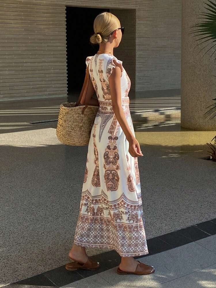 Vintage Style Printed V-Neck Button Down Dress With Flare Sleeves, Women's Long Dress For Vacation Sundress