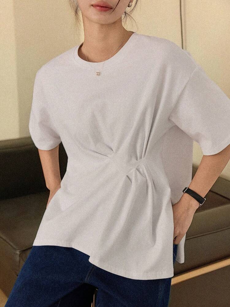 Women's Loose Casual Solid Color Short Sleeve T-Shirt, Versatile For Winter And Summer Business Casual Woman
