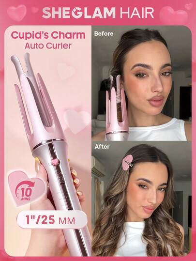SHEGLAM HAIR Cupid's Charm One-Touch Instant Curler,Pink Automatic Curling Iron 25mm UK Plug,10min Quick Waves,60s Fast Preheat,3 Adjustable Temps,Heart-Shaped Switch,8s Smart Timer,Quick Auto Curl Magic Enhance Shine & Protection Suitable For Medium To Long Hair Graduation Birthday Gift Holiday Winter Pink Vibe Makeup Party Beach Travel Camping School Campus Festivals Rose Present Girl Charm Best Valentine's Day Women's Day Love Yourself