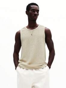 SUMWON 男士无袖纹理针织背心 圆领 休闲 夏季度假 沙滩 轻薄 日常必备 基本款 纯色 - 卡其色 - 查看 4