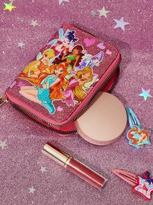 The Winx X SHEIN 1 Piece Cute Cartoon Pattern Character Printed Zipper Pu Leather Short Wallet, Organ Compartment, Card Storage, Suitable For Teenagers And Ladies - Hot Pink - View 5