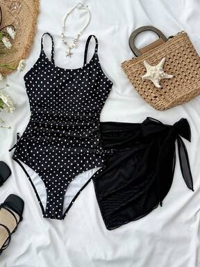 Teen Girls Polka Dot Bow Decor Casual One-Piece Swimsuit With Cover-Up Skirt Set, Vacation Beach Style