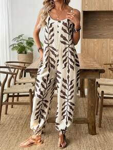 Selamara Women's Vacation Plant Print Pocketed Drawstring Jumpsuit - Beige - View 5