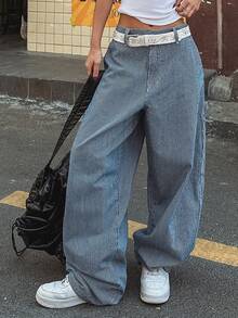 DAZY High Waist Slimming Vertical Striped Wide Leg Casual Versatile Women Jeans - Blue - View 3