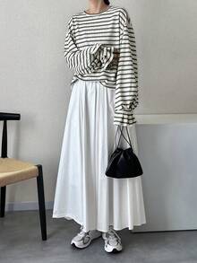 FRIFUL Women's Striped Polka Dot Print Loose Fit Round Neck Drop Shoulder Long Sleeve Casual T-Shirt - Black and White - View 4