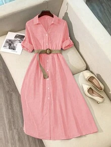 Franclia Đầm sơ mi nữ kẻ sọc tay áo bo gấu, cài cúc đơn, có túi, kiểu dáng thường ngày. - Nhiều màu - Xem 3