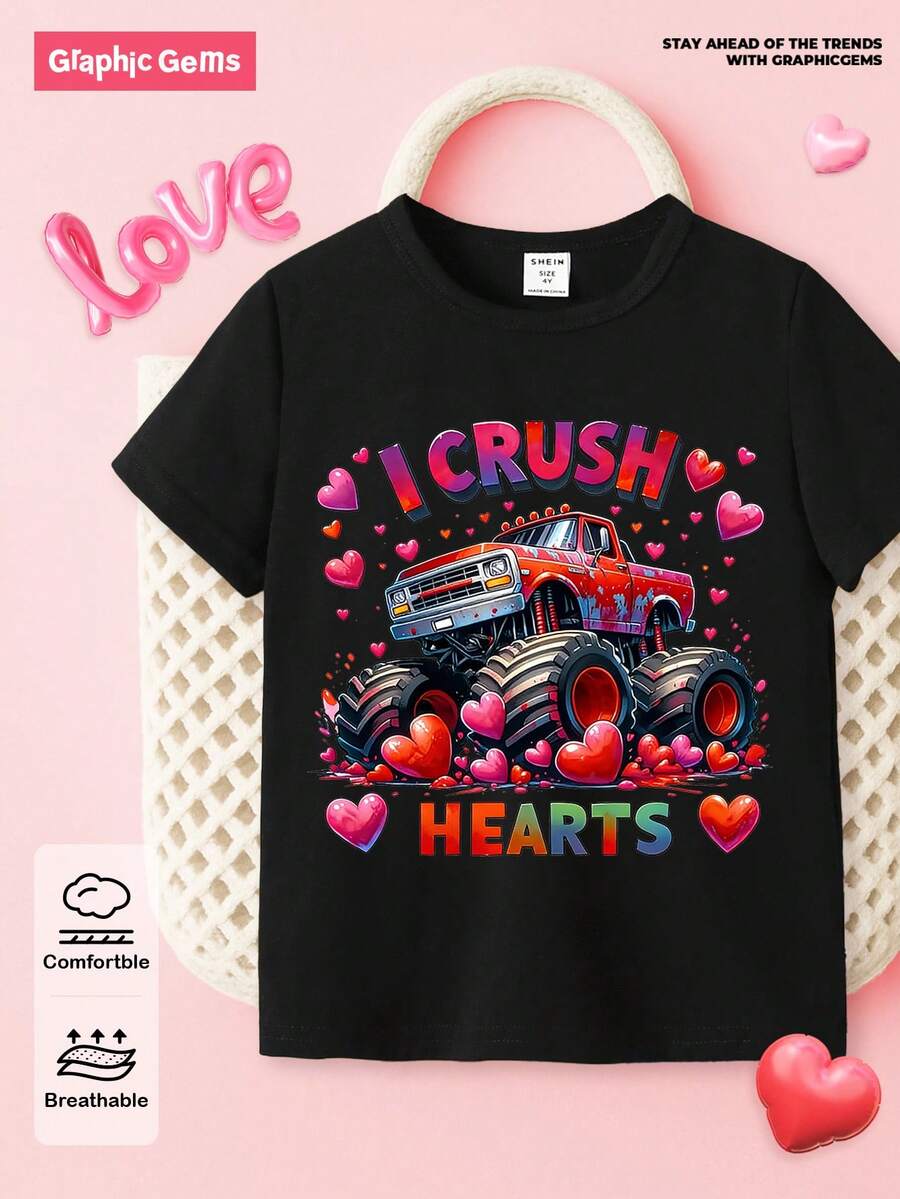 SHEIN GraphicGems 情人节男孩休闲时尚创意个性精致简约挖掘机图案心形经典标语印花休闲基础款舒适短袖T恤，充满情人节氛围，适合男孩在情人节穿着，波兰风格户外上衣。 - 黑色 - 查看 1