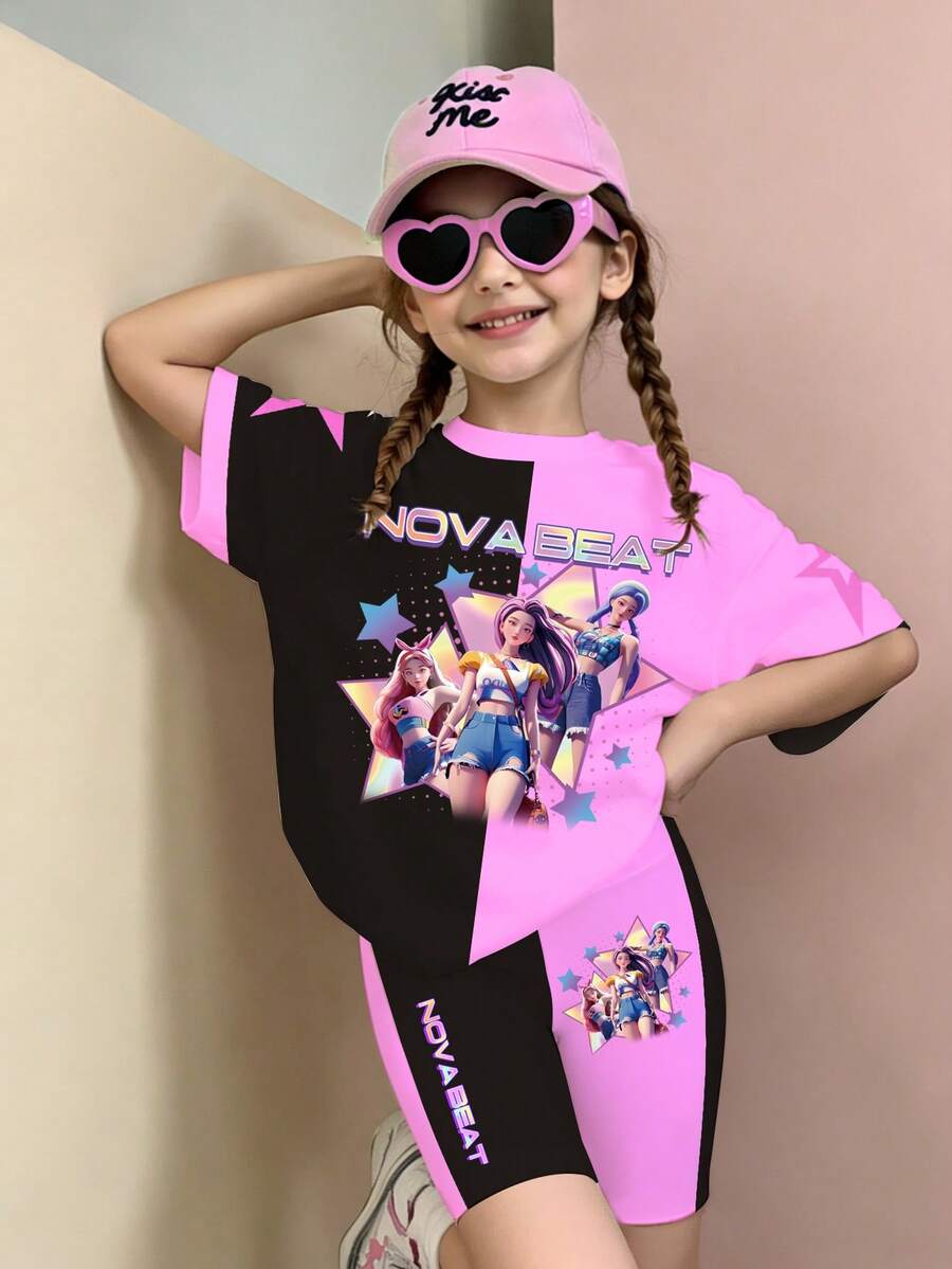 2件組青少年女孩拼色夏季牛仔風套裝,休閒時尚圖案字母印花基本款T恤與單車短褲,創意個性開學穿搭 - 彩色 - 查看 1