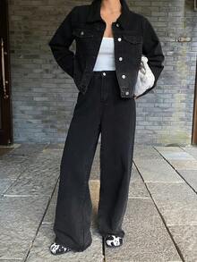 DAZY 女士休闲水洗口袋夹克和牛仔裤套装，秋季 - 深色水洗藍 - 查看 7