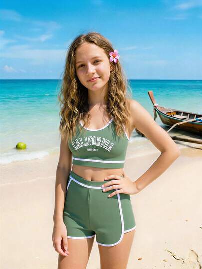 2件套少女彩色拼接印花弹力速干舒适针织面料连体泳衣，适合海滩、泳池、冲浪、度假、夏季旅行