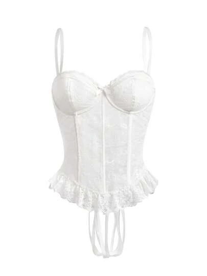 White Lace Embroidered Sculpted Bust Waist Cincher With Criss-Cross Back Straps, Sexy Shapewear
