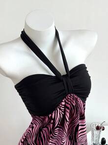 Elamini 女士无肩带褶皱撞色豹纹连衣裙 - 玫紅色 - 查看 5