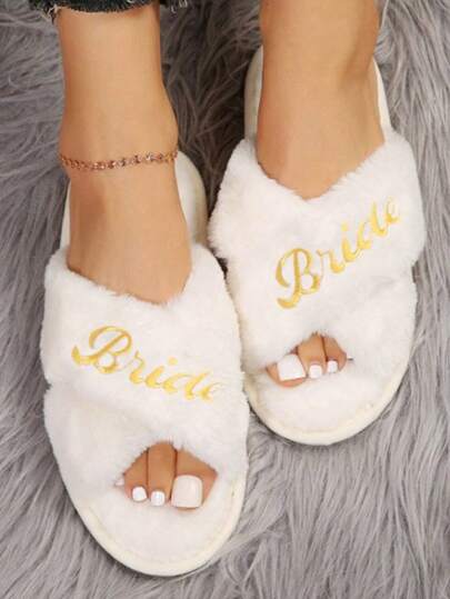 1pair Wedding Slippers Bridal Shower Bachelorette Party Open Toe Slippers Plush For Women Indoor Party Decor Bridesmaid Gift