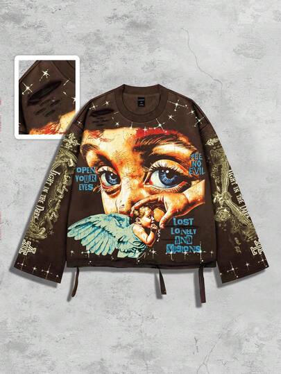 Street Life Camiseta de manga larga con cuello redondo para hombre, estilo vintage de calle con gráfico desgastado de Saint, para otoño