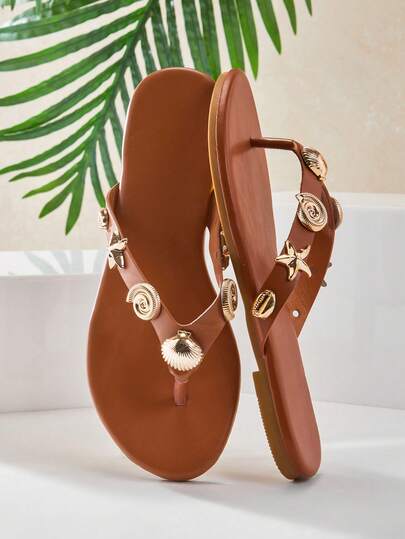 SHUZIA New Women's Tan Multi Seashell Decor, Round Toe Thong Sandal Comfort Holiday Walking Chic Spring Summer Beach Fun