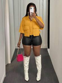 Slaydiva 女士休闲白色Polo领短袖工作服衬衫，带口袋，A款；女士休闲口袋短袖衬衫，宽松露脐白色落肩衬衫；春夏休闲日常穿着加大码黄色上衣 - 芥末黃 - 查看 4