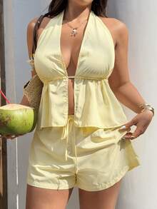 Sunnyshic Plus Size Striped Vest And Shorts 2 Pieces Set, Vacation Style - Multicolor - View 5