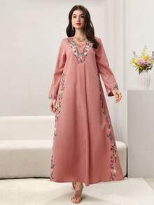 Al Najma Áo Abaya dài tay cổ chữ V, dáng xòe, thêu hoa, màu hồng. - Hồng - Xem 7