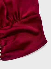 GlowEve 新款V领交叉领无袖亮面面料优雅通勤年轻百搭日常修身女式衬衫 - 酒紅色 - 查看 5