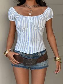 StreetHx Streetwear Women's Jacquard Plaid Textured Short Sleeve Cinched Waist Shirt, Summer - Blue - View 5