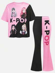 SHEIN Tween Girl Casual Cute Street T-Shirt Heart & Print With Flare Pants Set - Multicolor - View 6
