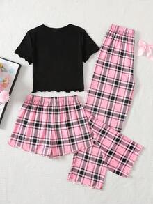 SHEIN 3件套少女蝴蝶结格子印花针织家居服套装，休闲家居服，适合日常穿着 - 黑色 - 查看 2