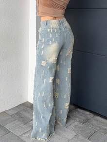 Jeta Ari Women's Casual Distressed Wide Leg Jeans - Blue - View 2