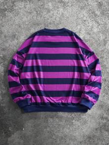 SHEIN Trolls Sudadera casual de cuello redondo con estampado de rayas y dibujos animados para hombre, otoño - Morado - Ver 2
