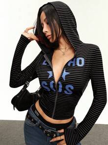 Rina Fox Women's Letter & Striped Print Hooded Zip-Up Long Sleeve Sweatshirt - Black - View 5