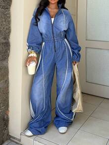 StreetHx Women's Minimalist Daily Wear Long Sleeve Denim Bib Pants And Jumpsuit - Blue - View 3