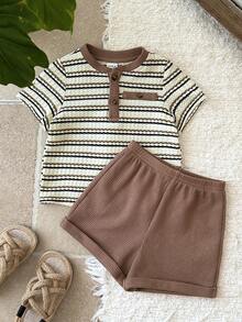 LMoss Kids 2 pièces Ensemble t-shirt casual et short en tricot bicolore pour bébé garçon - Multicolore - Voir 4