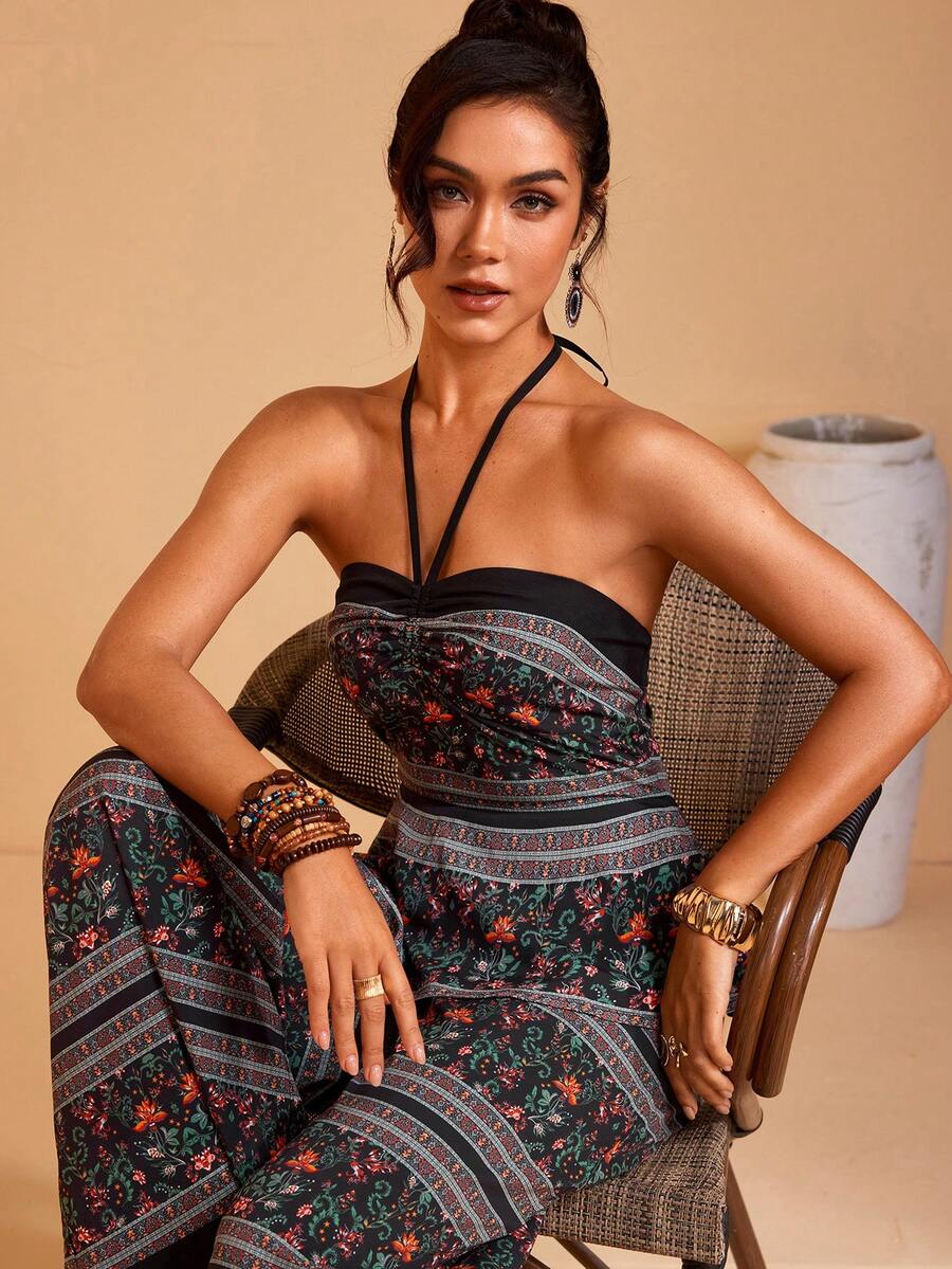 JIAN LASALA All-Over Print Bustier Top Halter Neck Tie Backless Ruffled Waist Wide-Leg Women Jumpsuit - Multicolor - View 1