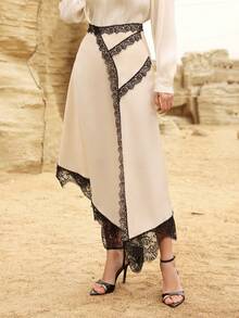 Modelyn Women's Apricot Woven Lace Trim Hem Elegant A-Line Skirt, Spring/Summer - Apricot - View 2